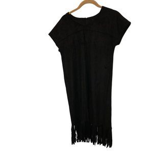 Vakko Sport STUNNING black leather suede fringe trim dress dolman sleeve…
